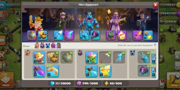 COC218 Max TH16 | 5 Builders | King 13 Queen 13 Warden 13 Minion Prince 47 Royal Champion 8 | 773 Gems | Hero Equipment Spiky Ball, Ice Arrows, Fireball, Lava Balloon, Rocket Spear 